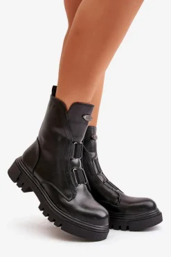 Ocieplane Botki Workery Damskie Na Zamek Eko Skórzane Czarne Mailyra