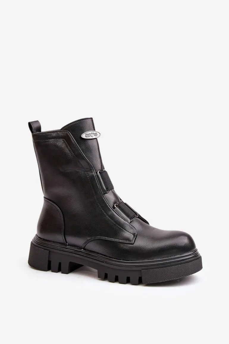 Ocieplane Botki Workery Damskie Na Zamek Eko Skórzane Czarne Mailyra