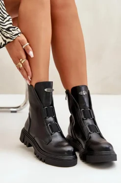 Ocieplane Botki Workery Damskie Na Zamek Eko Skórzane Czarne Mailyra