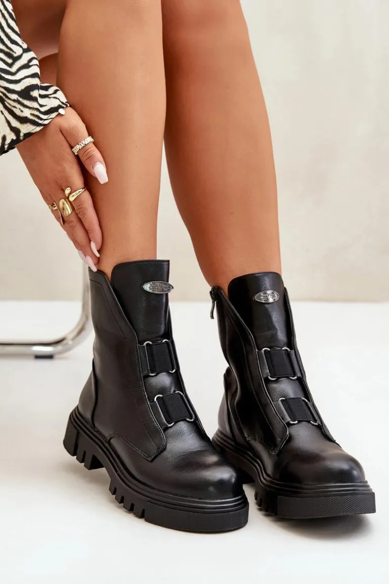 Ocieplane Botki Workery Damskie Na Zamek Eko Skórzane Czarne Mailyra