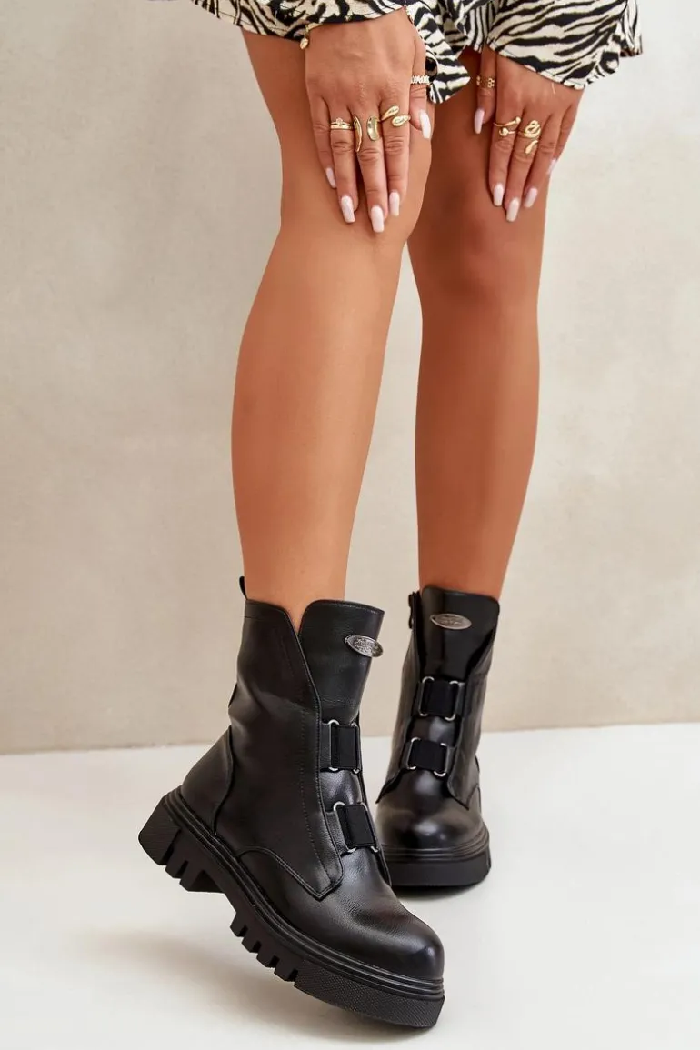 Ocieplane Botki Workery Damskie Na Zamek Eko Skórzane Czarne Mailyra