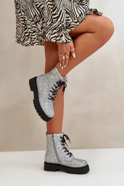 Ocieplane Botki Workery Damskie Ozdobione Cekinami Srebrne Liatheine