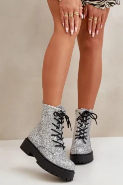 Ocieplane Botki Workery Damskie Ozdobione Cekinami Srebrne Liatheine