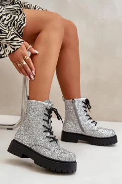 Ocieplane Botki Workery Damskie Ozdobione Cekinami Srebrne Liatheine