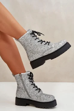 Ocieplane Botki Workery Damskie Ozdobione Cekinami Srebrne Liatheine