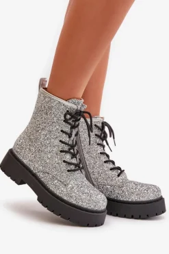 Ocieplane Botki Workery Damskie Ozdobione Cekinami Srebrne Liatheine