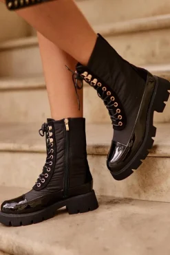 Ocieplane Botki Workery Na Płaskim Obcasie Czarne Saranema