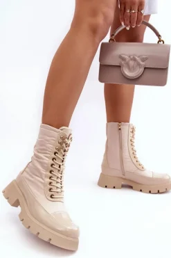 Ocieplane Botki Workery Na Płaskim Obcasie Beżowe Saranema