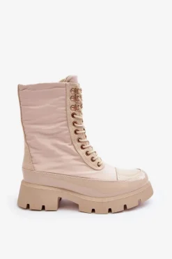 Ocieplane Botki Workery Na Płaskim Obcasie Beżowe Saranema