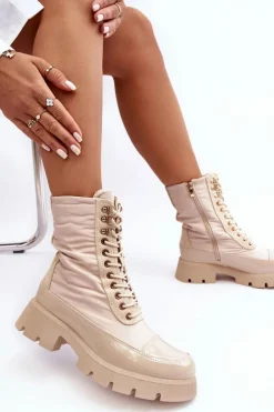 Ocieplane Botki Workery Na Płaskim Obcasie Beżowe Saranema