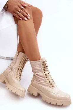 Ocieplane Botki Workery Na Płaskim Obcasie Beżowe Saranema