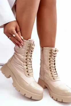 Ocieplane Botki Workery Na Płaskim Obcasie Beżowe Saranema