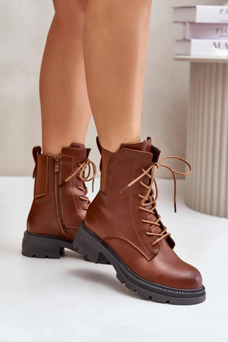 Ocieplane Botki Workery Na Zamek Brązowe Leairae