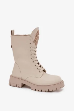 Ocieplane Botki Workery Z Ozdobą Beżowe Kelilea