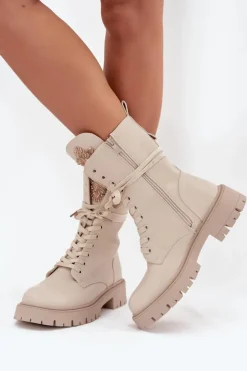 Ocieplane Botki Workery Z Ozdobą Beżowe Kelilea