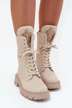 Ocieplane Botki Workery Z Ozdobą Beżowe Kelilea
