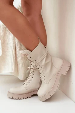 Ocieplane Botki Workery Z Ozdobą Beżowe Kelilea