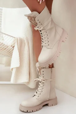 Ocieplane Botki Workery Z Ozdobą Beżowe Kelilea