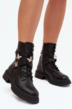 Ocieplane Botki Workery Z Paskiem I Srebrnymi Przypinkami Czarne Kaelina