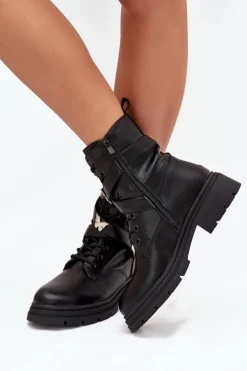 Ocieplane Botki Workery Z Paskiem I Srebrnymi Przypinkami Czarne Kaelina