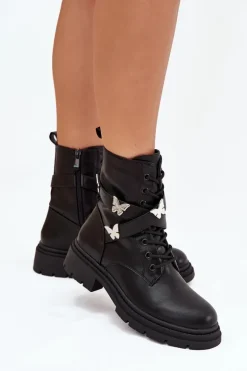 Ocieplane Botki Workery Z Paskiem I Srebrnymi Przypinkami Czarne Kaelina