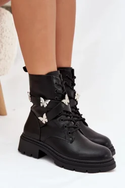 Ocieplane Botki Workery Z Paskiem I Srebrnymi Przypinkami Czarne Kaelina