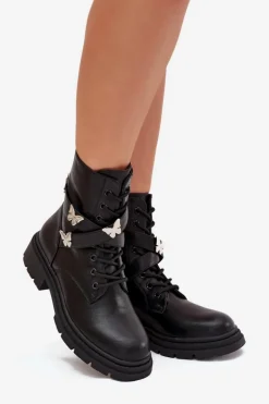 Ocieplane Botki Workery Z Paskiem I Srebrnymi Przypinkami Czarne Kaelina