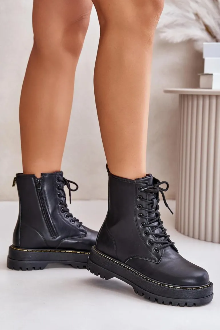 Ocieplane Botki Workery z Eko Skóry Na Zamek Czarne Naleli