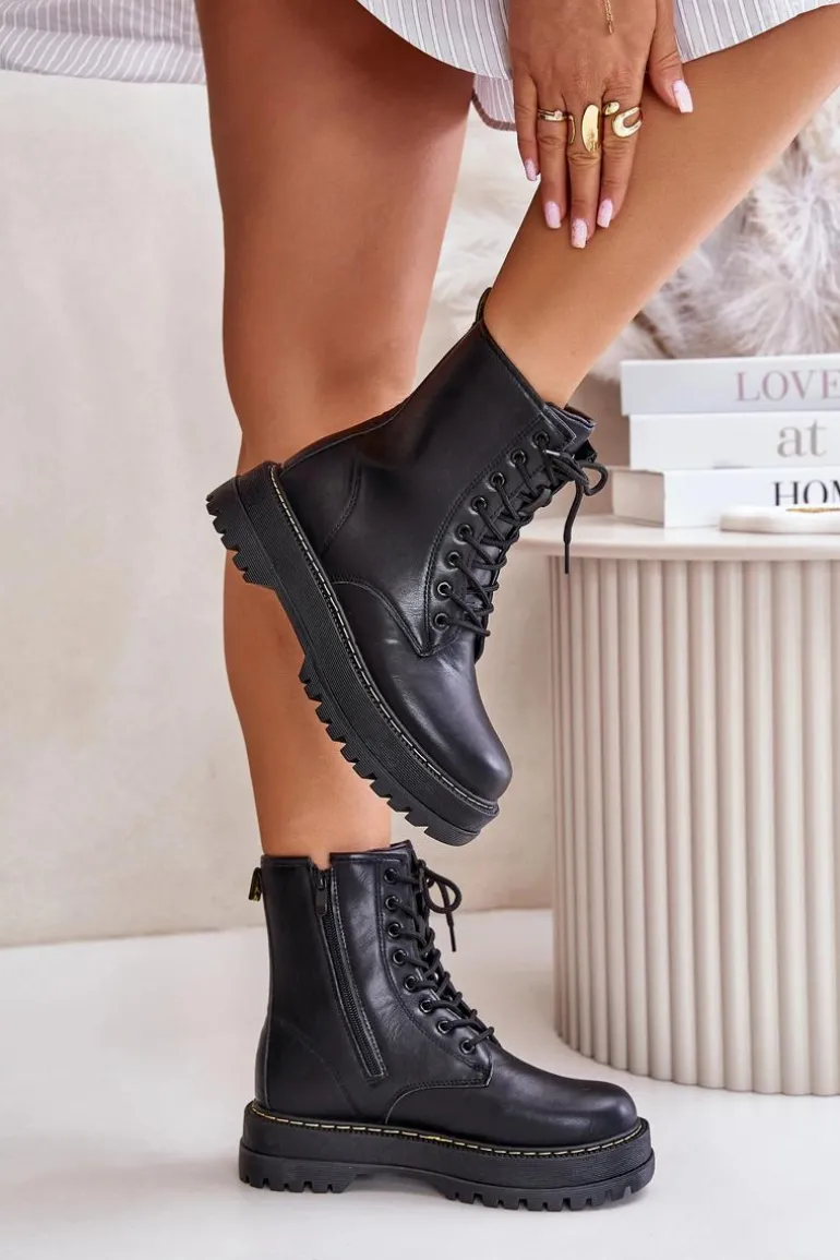 Ocieplane Botki Workery z Eko Skóry Na Zamek Czarne Naleli