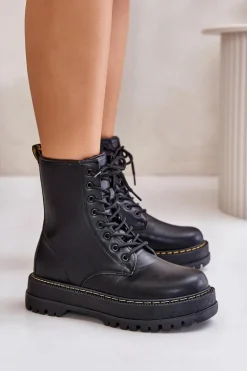 Ocieplane Botki Workery z Eko Skóry Na Zamek Czarne Naleli