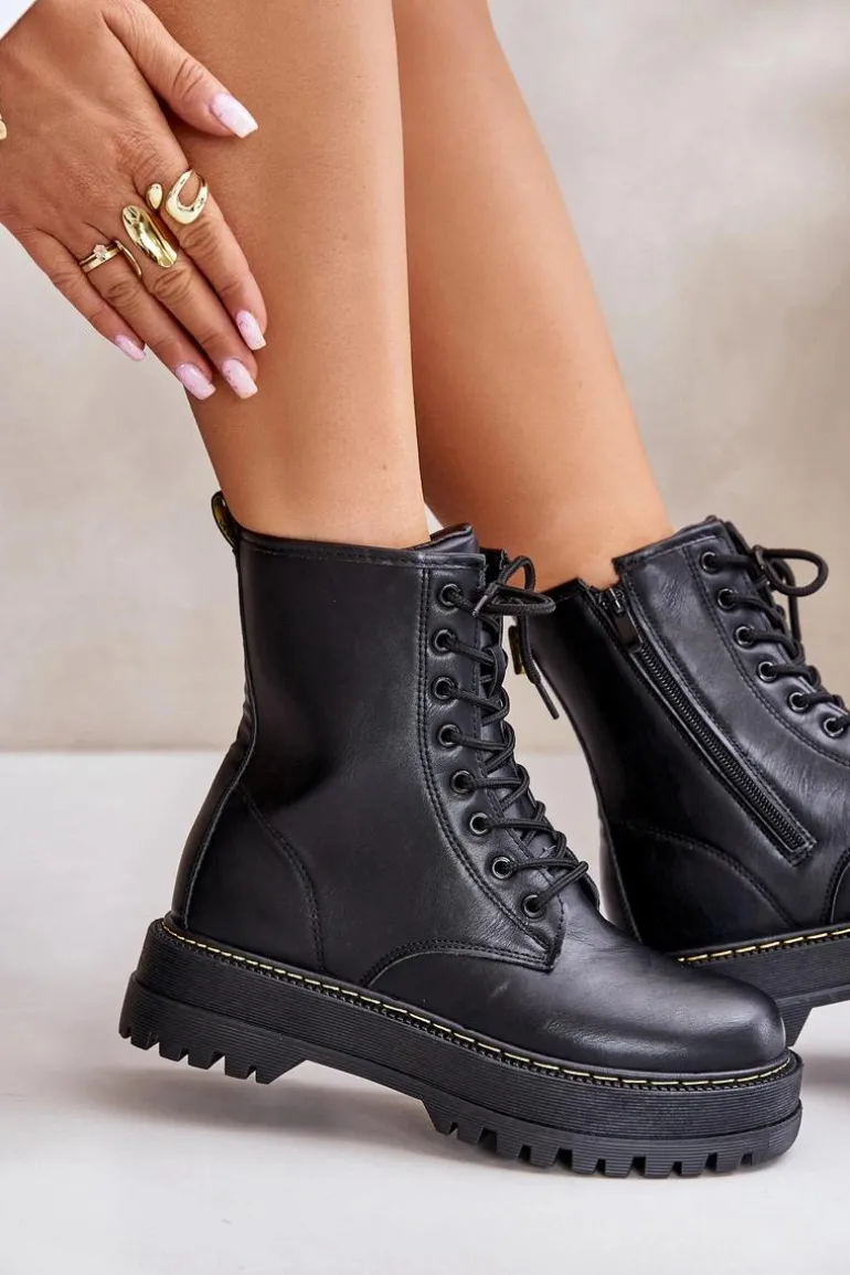 Ocieplane Botki Workery z Eko Skóry Na Zamek Czarne Naleli