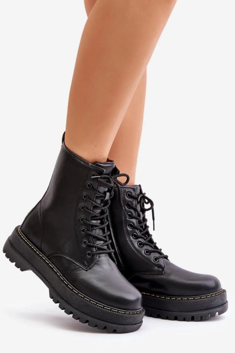 Ocieplane Botki Workery z Eko Skóry Na Zamek Czarne Naleli