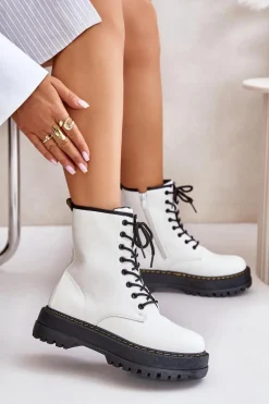 Ocieplane Botki Workery z Eko Skóry Na Zamek Białe Naleli