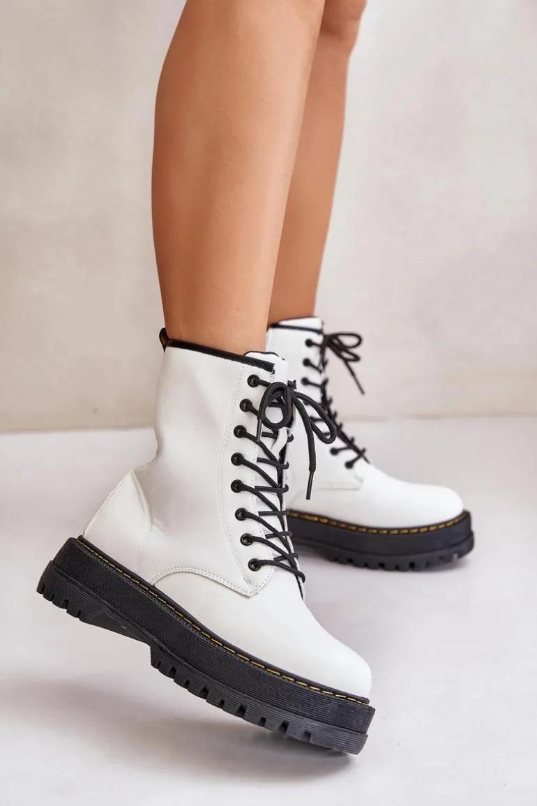 Ocieplane Botki Workery z Eko Skóry Na Zamek Białe Naleli