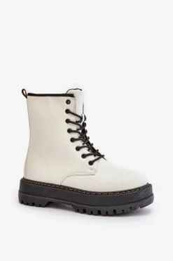 Ocieplane Botki Workery z Eko Skóry Na Zamek Białe Naleli