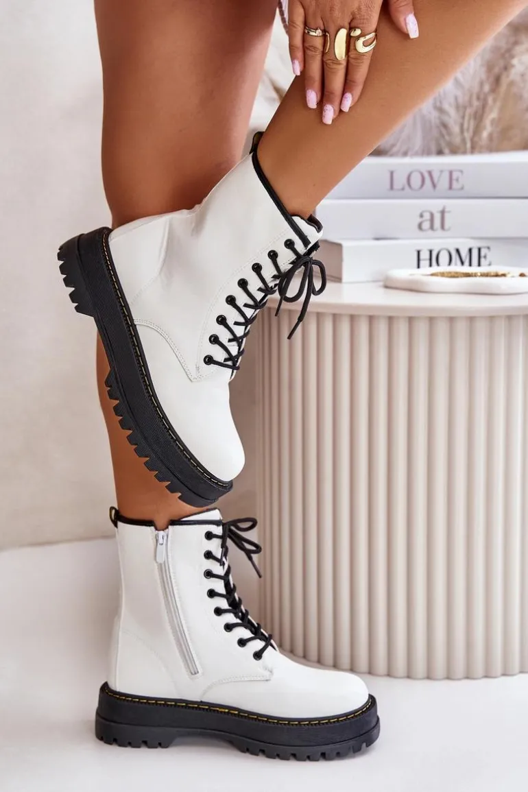 Ocieplane Botki Workery z Eko Skóry Na Zamek Białe Naleli