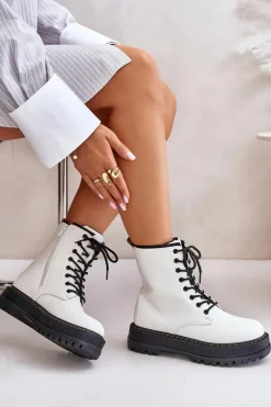 Ocieplane Botki Workery z Eko Skóry Na Zamek Białe Naleli