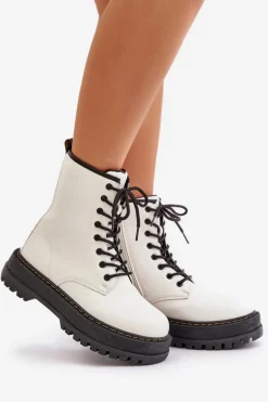 Ocieplane Botki Workery z Eko Skóry Na Zamek Białe Naleli