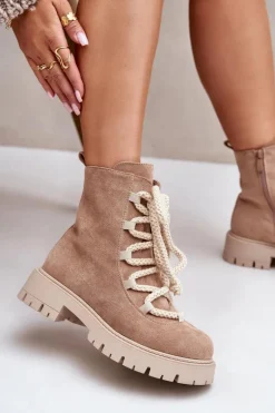 Ocieplane Botki Z Eko Zamszu Na Zamek Beżowe Caellita