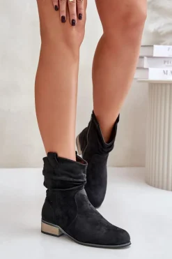 Ocieplane Botki Z Marszczeniem Na Niskim Obcasie Czarne Elletinnia