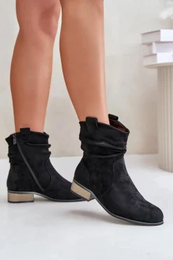 Ocieplane Botki Z Marszczeniem Na Niskim Obcasie Czarne Elletinnia