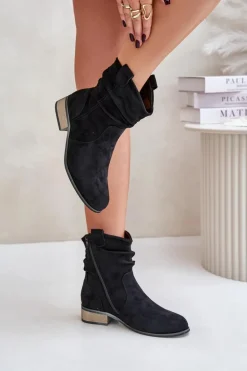 Ocieplane Botki Z Marszczeniem Na Niskim Obcasie Czarne Elletinnia