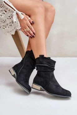 Ocieplane Botki Z Marszczeniem Na Niskim Obcasie Czarne Elletinnia