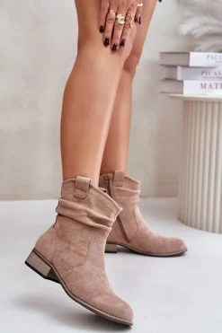 Ocieplane Botki Z Marszczeniem Na Niskim Obcasie Beżowe Elletinnia