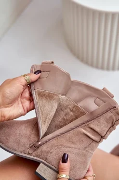 Ocieplane Botki Z Marszczeniem Na Niskim Obcasie Beżowe Elletinnia