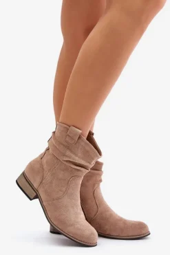 Ocieplane Botki Z Marszczeniem Na Niskim Obcasie Beżowe Elletinnia