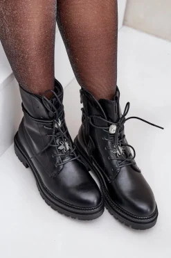 Ocieplane Botki Z Przypinkami Na Sznurowaniu Czarne Irivina