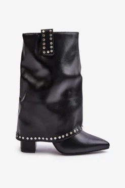 Ocieplane Botki Z Wywiniętą Cholewką Na Słupku Czarne Tamalis