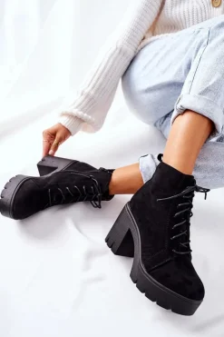 Ocieplane Botki Zamszowe na Słupku Czarne Direction