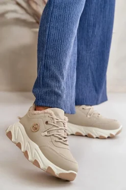 Ocieplane Buty Sportowe Damskie Sznurowane Na Platformie Beżowe Bialoa